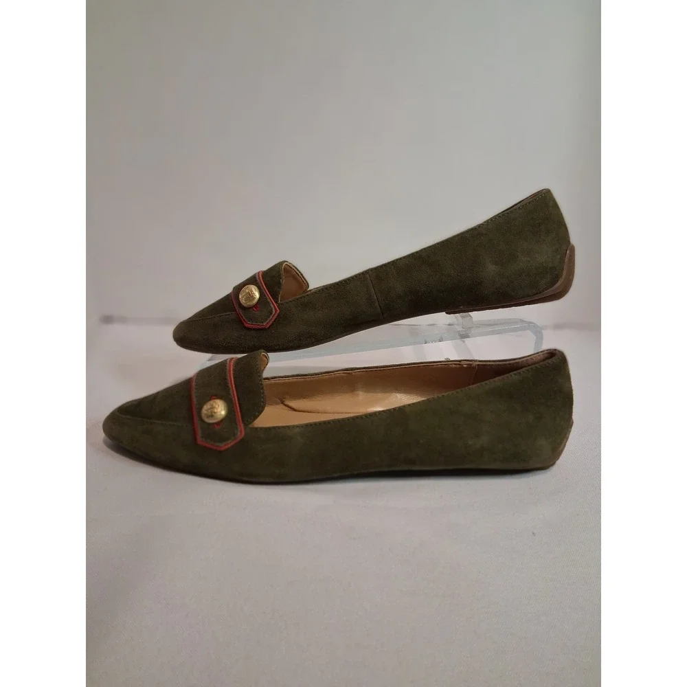 Talbots Olive Green Suede Pointed Toe Loafers Gold Button Red Trim Flats 7.5M